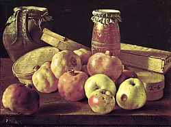Постер Мелендес Луис Still Life with Pomegranates, Apples, a Pot of Jam and a Stone Pot Постер Мелендес Луис Still Life with Pomegranates, Apples, a Pot of Jam and a Stone Pot