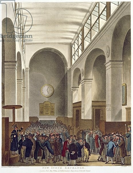 The New Stock Exchange, Bartholomew Lane, from Ackermann's 'Microcosm of London', published 1809