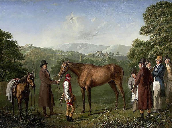 A Bay Racehorse Held by a Trainer