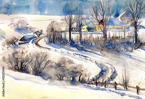 Зимний пейзаж с деревенской дорогой