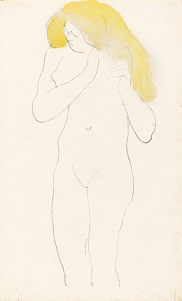 Femme nue debout, les mains à sa chevelure dénouée