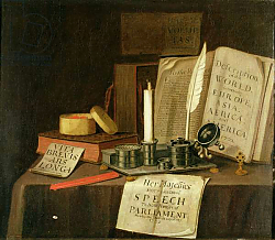 Постер Кольер Эварт A Trompe L'Oeil With A Pewter Ink Stand, Books And Papers, 1702 Постер Кольер Эварт A Trompe L'Oeil With A Pewter Ink Stand, Books And Papers, 1702