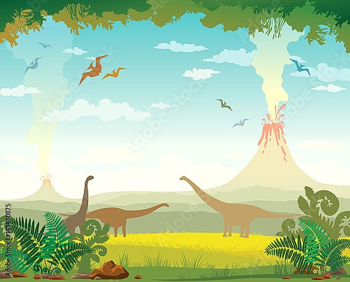 Доисторический пейзаж с вулканами и динозаврами