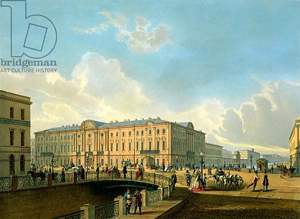 The Moyka Embankment and the Police Bridge in St. Petersburg, printed by J. Jacottet, 1850s