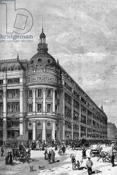 Spring department stores in Paris in 1883. The corner pavilion between rue de Provence and rue Caumartin.