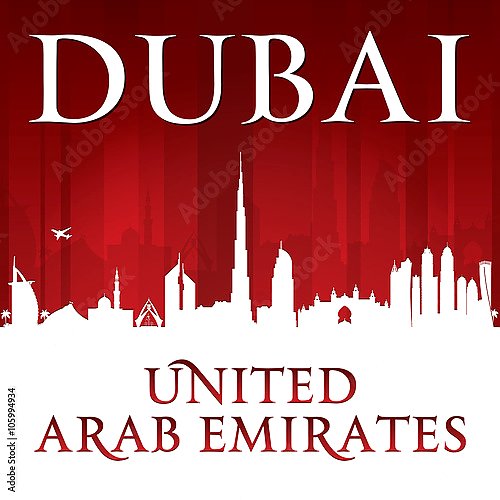  Дубай, ОАЭ. Силуэт города на красном фоне