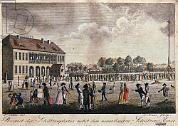 Постер Калау Ф. А. (акв) View of the newly built clubhouse and square, Berlin Постер Калау Ф. А. (акв) View of the newly built clubhouse and square, Berlin