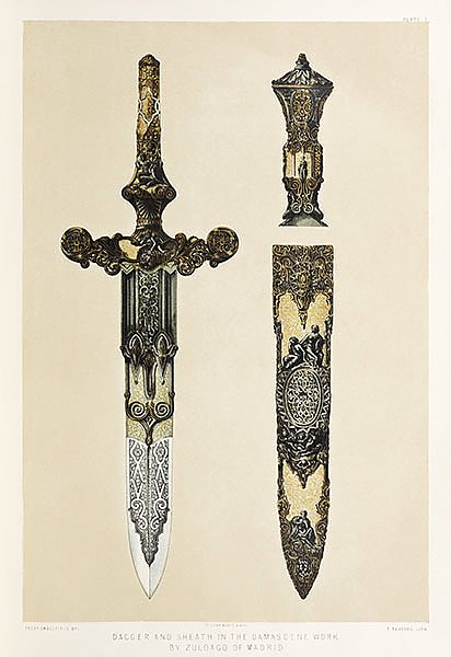 Кинжал и ножны в дамасской работе Сулоаго из Мадрида из «Индустриального искусства девятнадцатого века» (1851–1853)