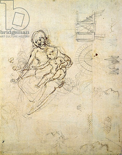 Studies for a Virgin and Child and of Heads in Profile and Machines, c.1478-80