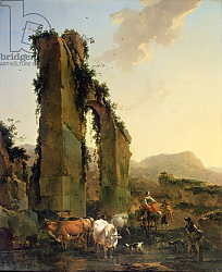 Постер Берхем Николас Peasants with Cattle by a Ruined Aqueduct, c.1655-60 Постер Берхем Николас Peasants with Cattle by a Ruined Aqueduct, c.1655-60