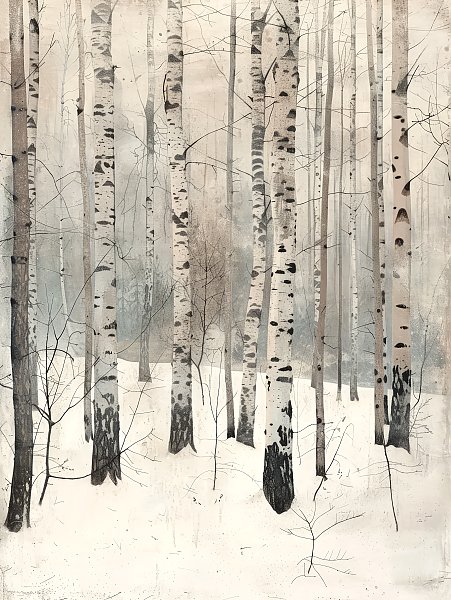 Snowy birch forest