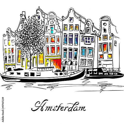 Голландские дома и лодки, Голландия, Нидерланды, эскиз