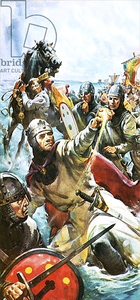 William the Conqueror arriving in England in 1066, taking a handful of sand