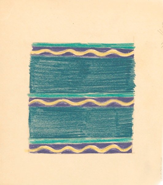 Miscellaneous small sketches for inlaid table tops.] [Design with green lines and yellow wave motif