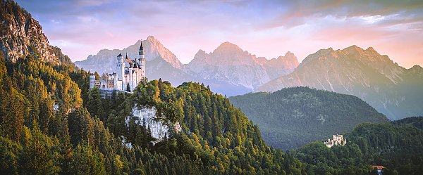 Горная панорама с замком, Бавария
