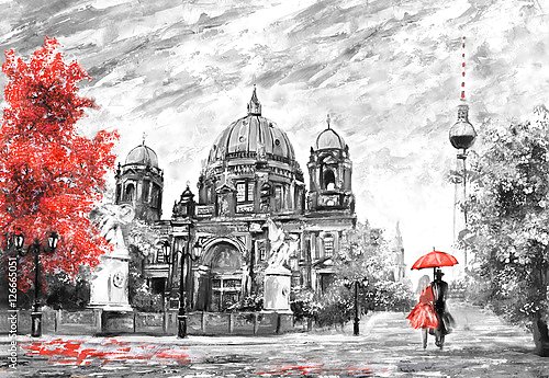 Пара под красным зонтом в Берлине