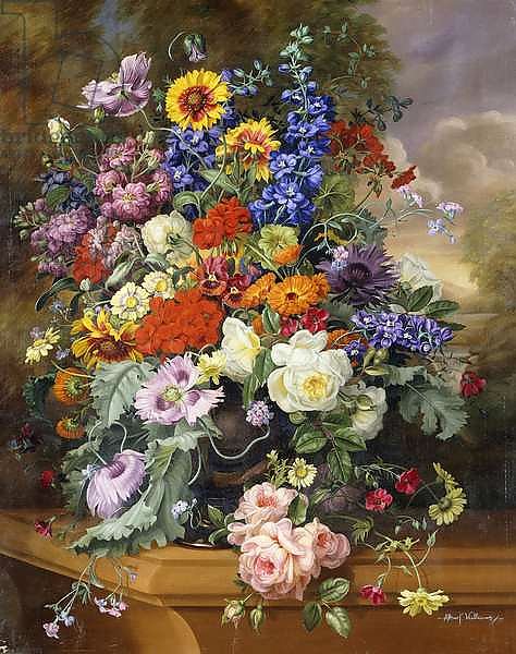 Still Life with Roses, Delphiniums, Poppies, and Marigolds on a Ledge,