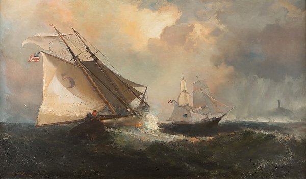 Sailing boats in a storm by the American coast