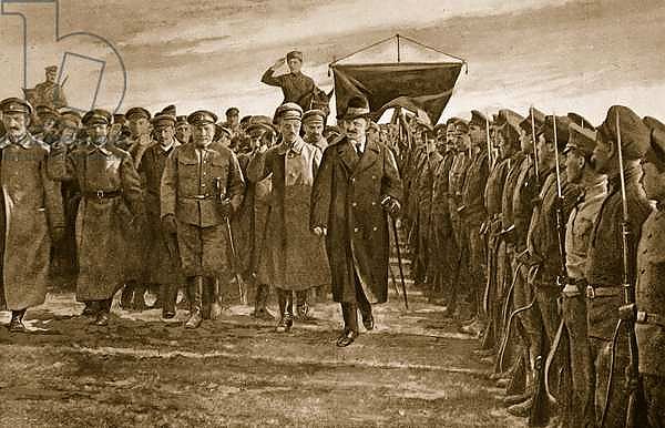 Trotsky, Russia's Bolshevist Commisary for War, inspecting a regiment of the Letts, who formed the elite of the Red Army, 1914-19