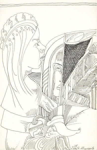 Figuur met lang haar en een kroon op het hoofd in profiel naar rechts