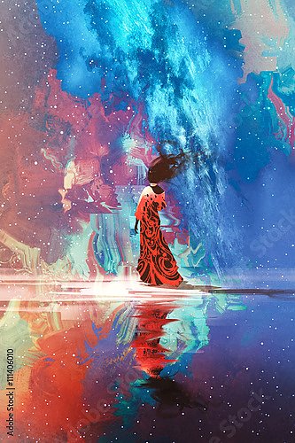 Постер Женщина в платье, стоящая на воде под вселенной, заполненой звездами