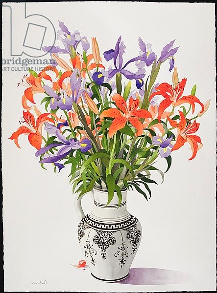 Flowers in a Black and White Jug