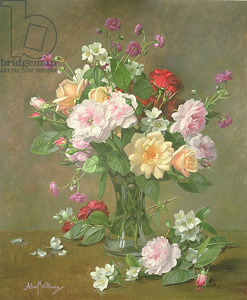 Roses and Gardenias in a glass vase