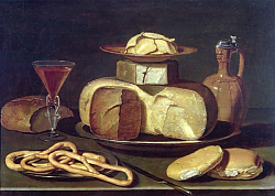 Постер Бирт Осис Still Life with bread, cheese, wine and pretzels Постер Бирт Осис Still Life with bread, cheese, wine and pretzels