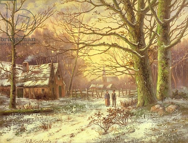Figures on a path before a village in winter