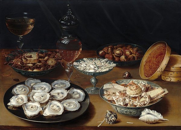 Dishes with Oysters,Fruit and Wine