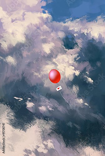 Красный шар с конвертом в облаках