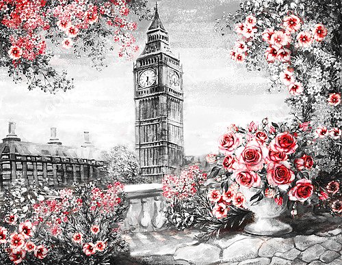  Нежный городской лондонский пейзаж с красными цветами