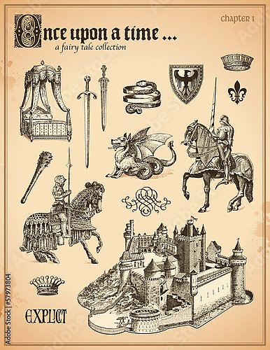 Коллаж сказок с рыцарями и средневековым замком