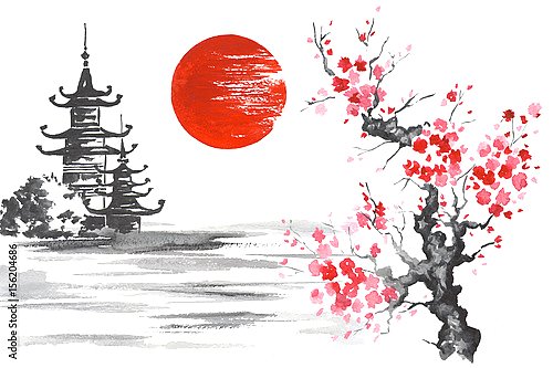 Традиционный японский пейзаж с пагодой и цветущей сакурой на фоне красного солнца