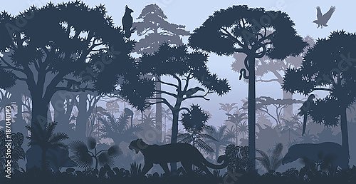 Джунгли с ягуаром, обезьяной, попугаем, туканом, анакондой и кабаном
