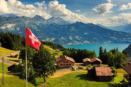 Швейцария. View of Interlaken with Swiss flag