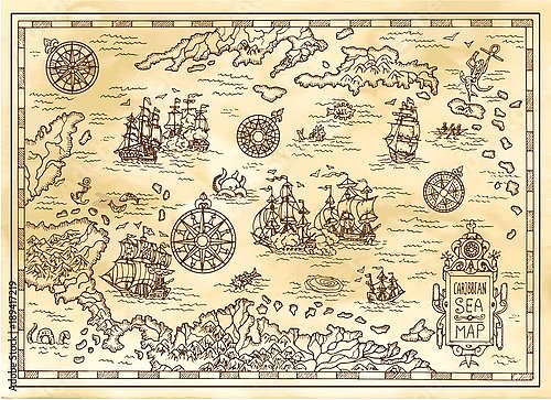 Древняя карта пиратов Карибского моря с кораблями, островами и фантастическими существами