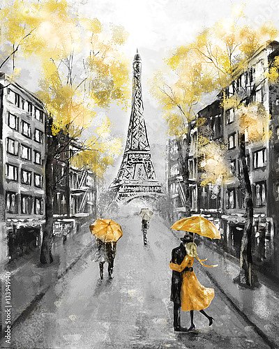 Пара под зонтиком на улице Парижа в чёрно-желтых тонах