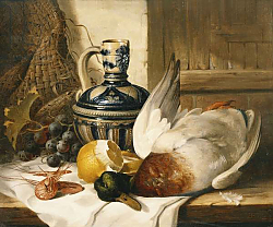 Постер Ладель Эдвард A Mallard, a Jug, a Peeled Lemon, Grapes and Shrimps on Draped Ledge, Постер Ладель Эдвард A Mallard, a Jug, a Peeled Lemon, Grapes and Shrimps on Draped Ledge,