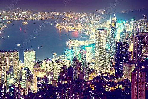 Китай, Гонконг. Вид на ночной город с Пика Виктория