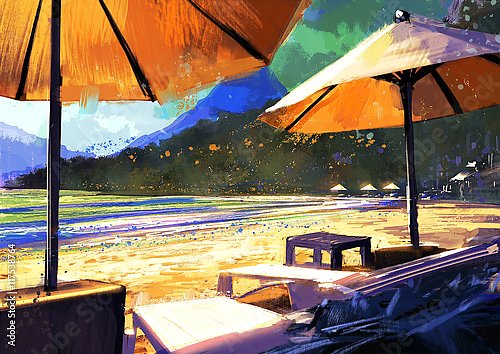 Солнцезащитные зонтики и шезлонги на пляже