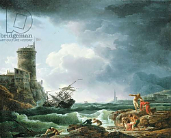 Постер Верне Клод A Storm with Shipwreck by a Fortress, a Castaway in the Foreground, 1769 Постер Верне Клод A Storm with Shipwreck by a Fortress, a Castaway in the Foreground, 1769