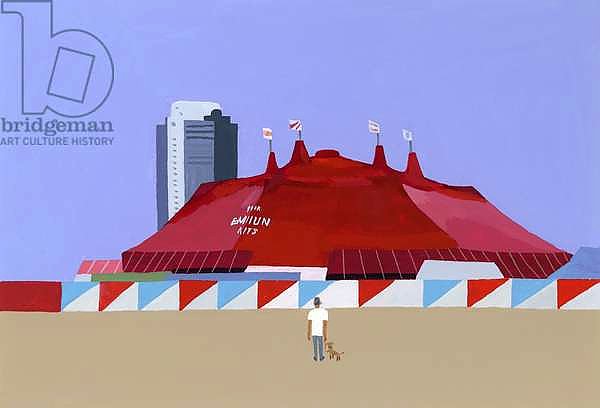 A man with a circus tent and a dog. 2014, （gouache on paper)