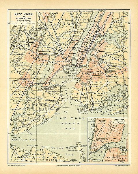 Карта Нью-Йорка и его окрестностей, конец 19 в. 2