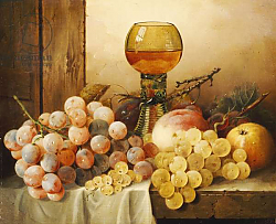 Постер Ладель Эдвард Grapes, apples, plums and a peach with hock glass on draped ledge Постер Ладель Эдвард Grapes, apples, plums and a peach with hock glass on draped ledge