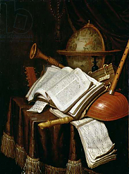 Постер Кольер Эварт Vanitas with a globe, musical scores and instruments, 1692 Постер Кольер Эварт Vanitas with a globe, musical scores and instruments, 1692