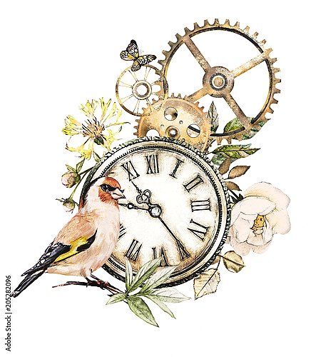 Стимпанк часовой механизм с цветами и птицей