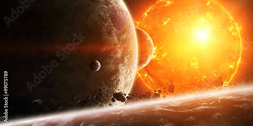 Взрыв солнца в пространстве рядом с планетой