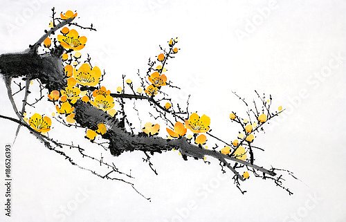 Акварельная ветка цветущей сливы с желтыми цветами