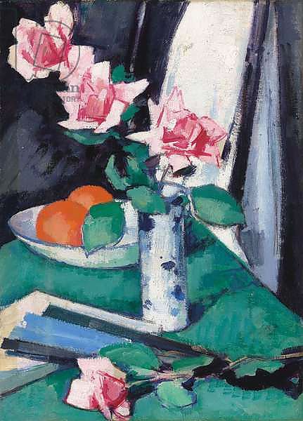 Still Life with Pink Roses and Oranges in a Blue and White Vase,